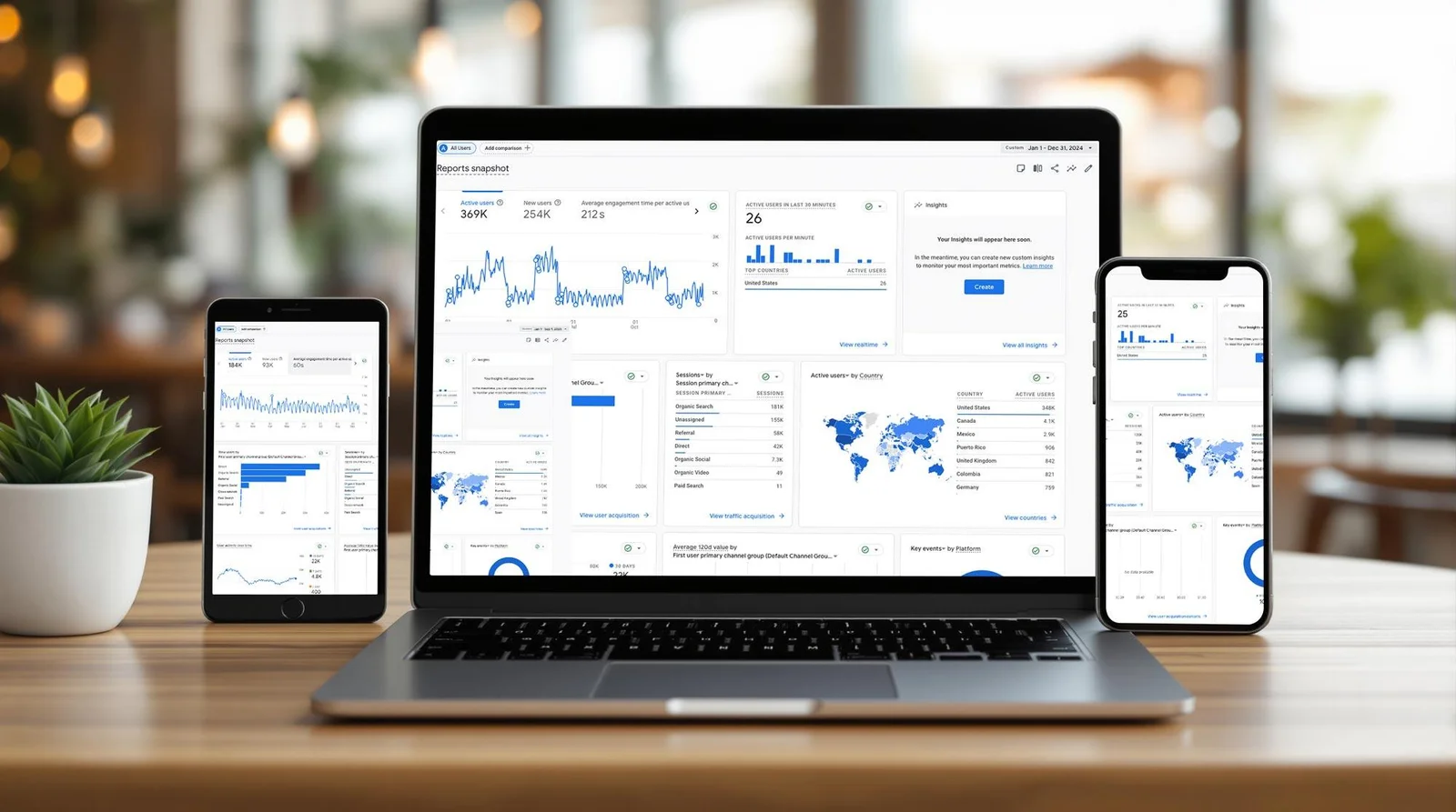 Dolls case study 2025 — Google Analytics dashboards across laptop, tablet, and mobile